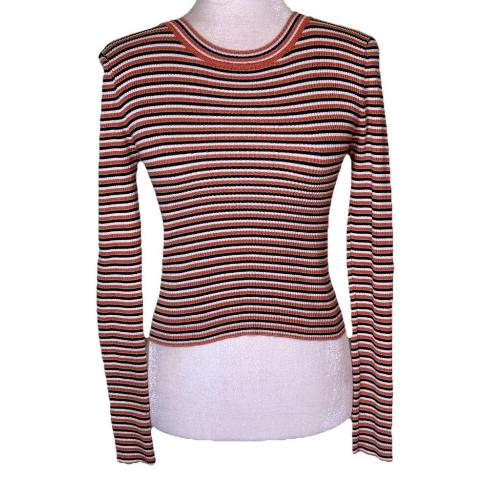 Women Retro 90s Stripe Ribbed Stretch Top Long Sleeve Slim Fit Indie Casual Med